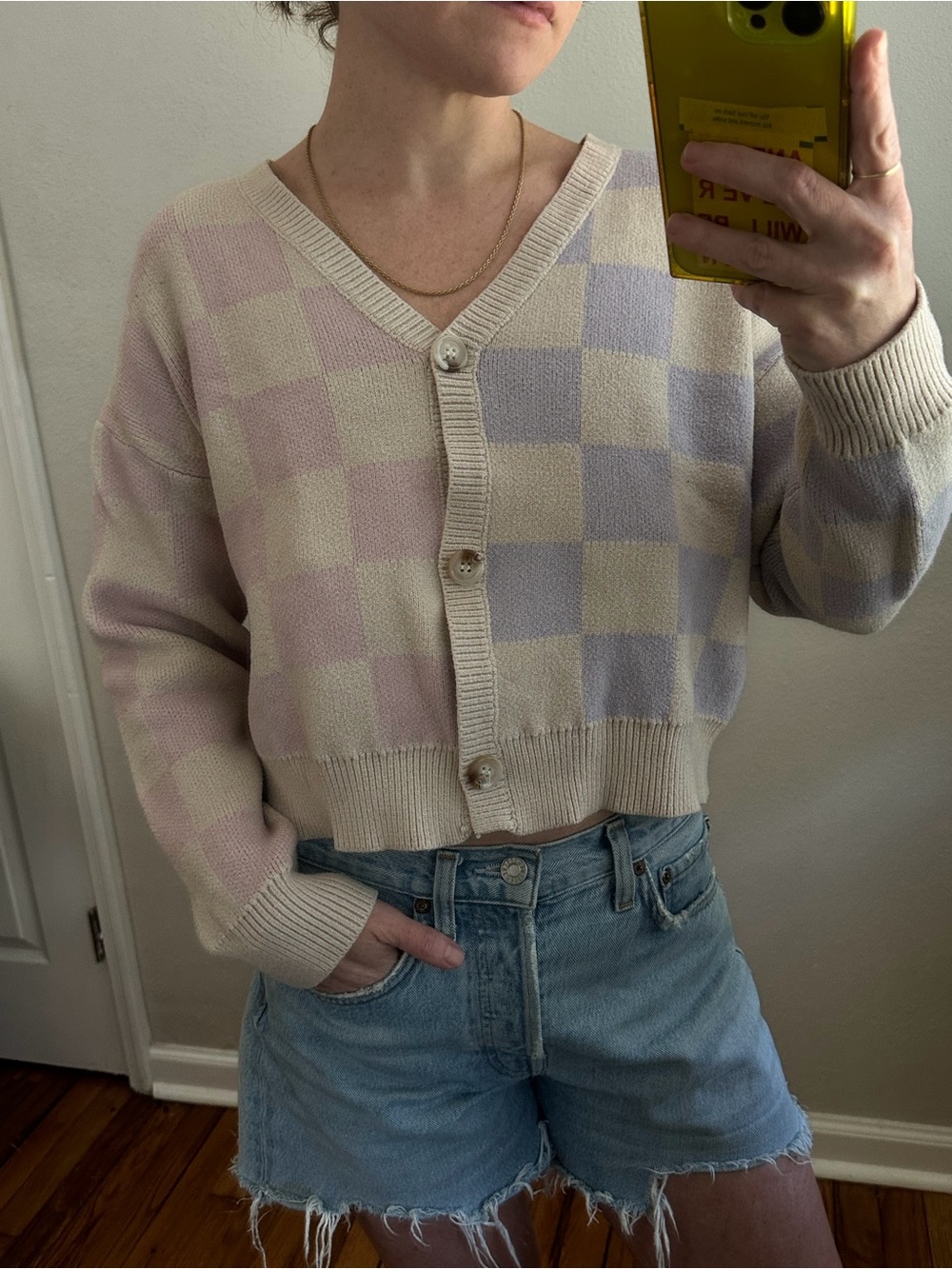 V-Neck Cropped Check Cardigan Sweater - Cream with Pastel Pink & Lavender